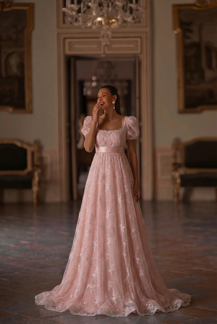 Bridgerton Style Blush Pink Pink Lace Regency Era Ball Gown Wedding Dress Plus Size