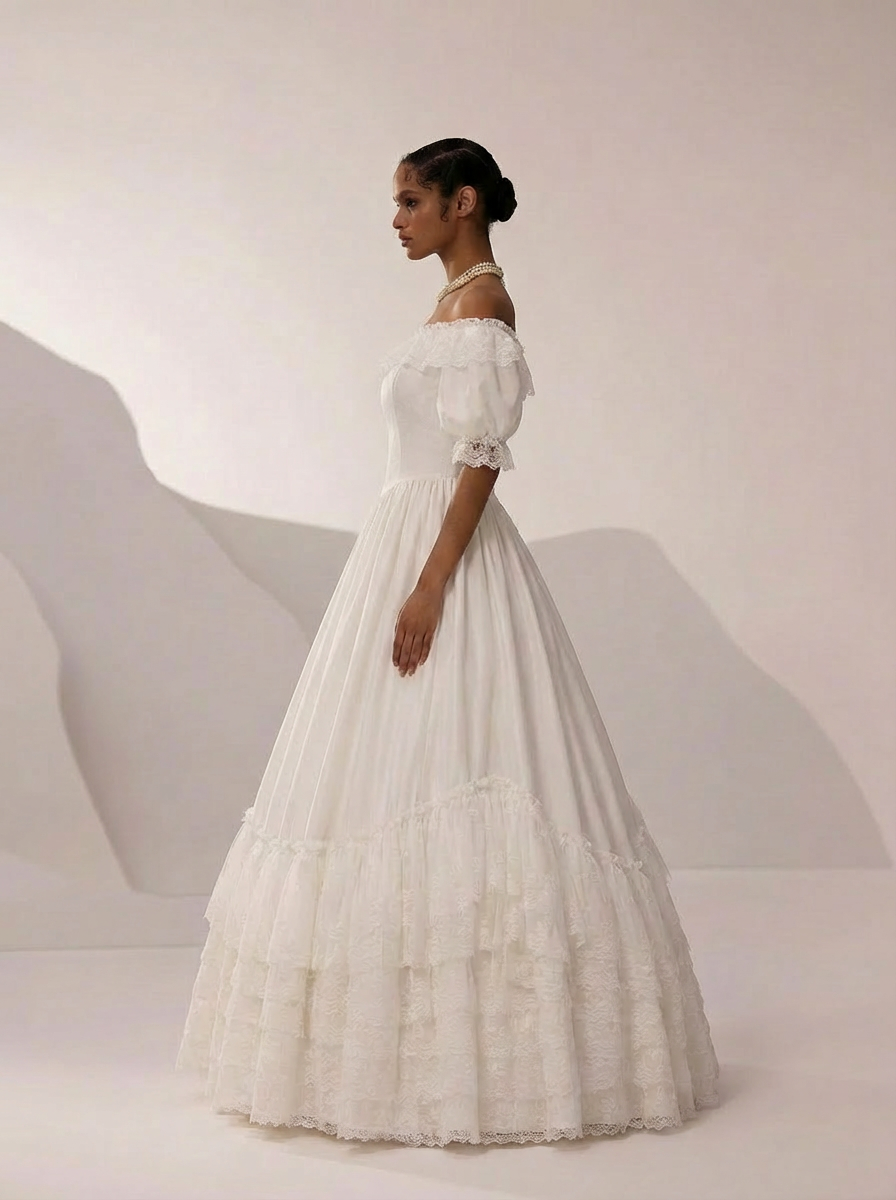 Vintage Off the Shoulder Wedding Dress with Puff Sleeves – Lace Tiered Wedding Gown with Ruffle Hem Plus Size