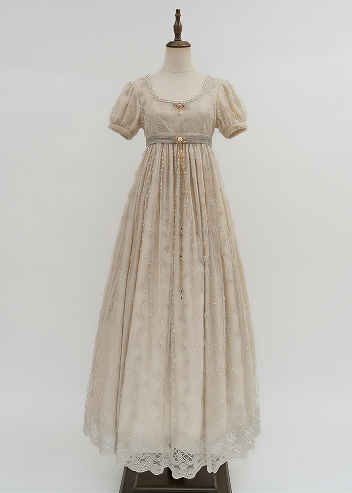 Regency Era Champagne Embroidered Empire Waist Vintage Gown with Puff Sleeves and Beaded Neckline – Bridgerton Inspired Dress Plus Size