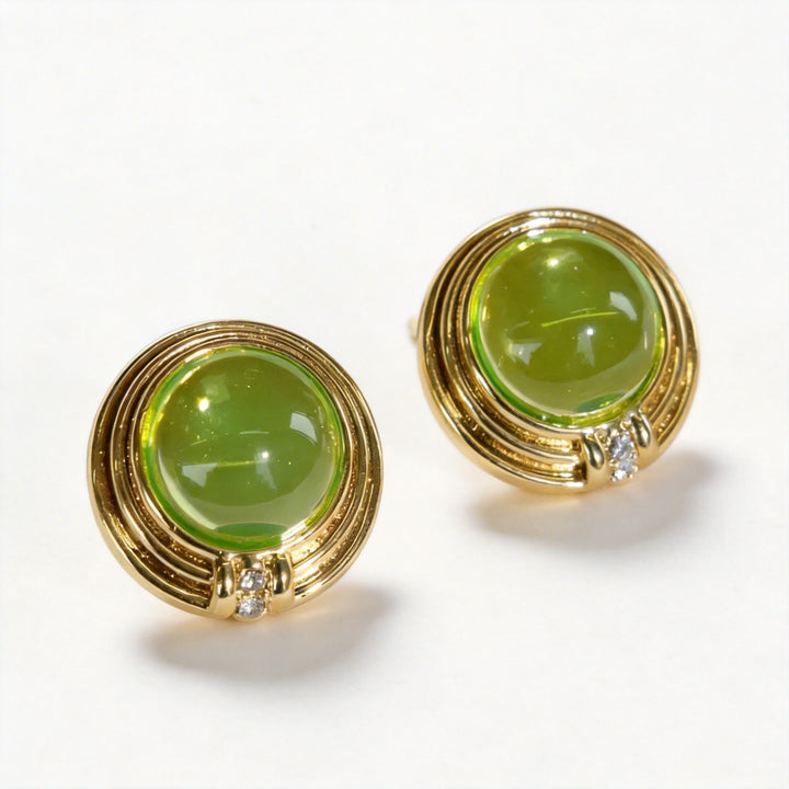 Vintage-Inspired Cabochon Studs with Olive Resin and Gold Accents - Green Grape