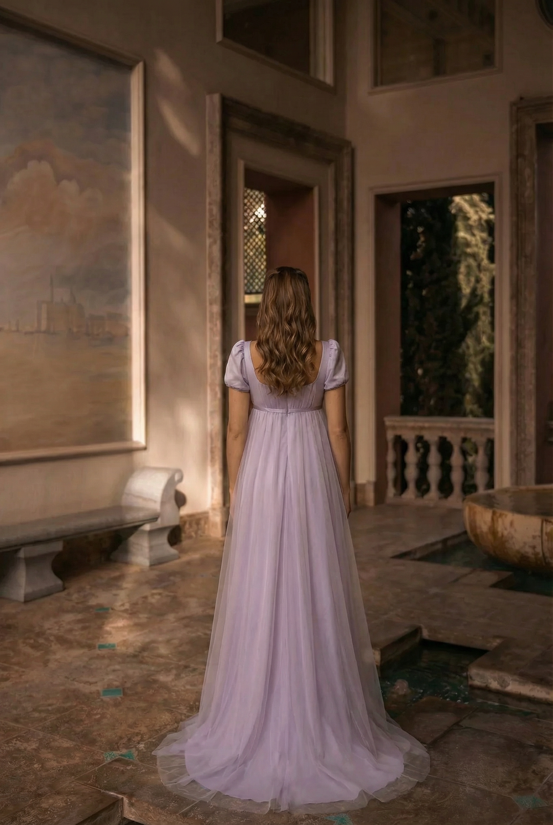 Bridgerton Daphne Purple Dress With Gauze - Regency Era Purple Satin Wedding Dress Plus Size