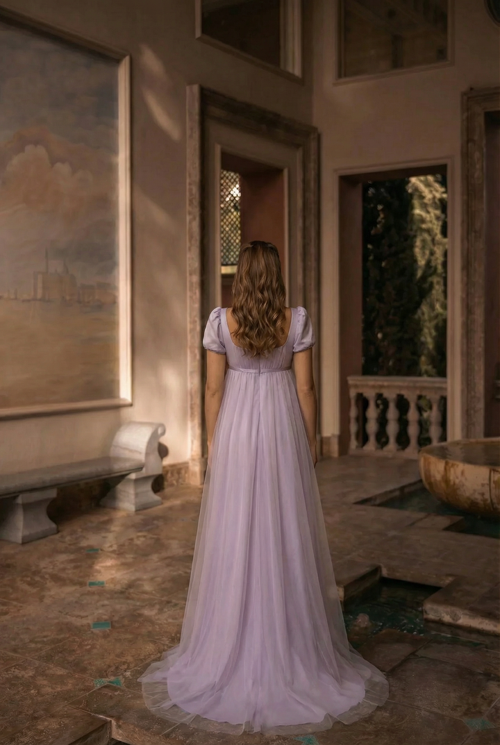 Bridgerton Daphne Purple Dress With Gauze - Regency Era Purple Satin Wedding Dress Plus Size