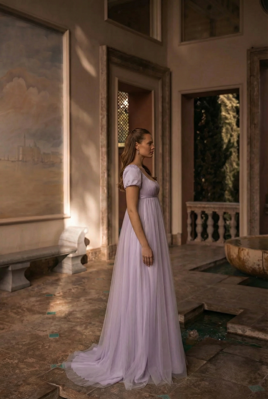 Bridgerton Daphne Purple Dress With Gauze - Regency Era Purple Satin Wedding Dress Plus Size