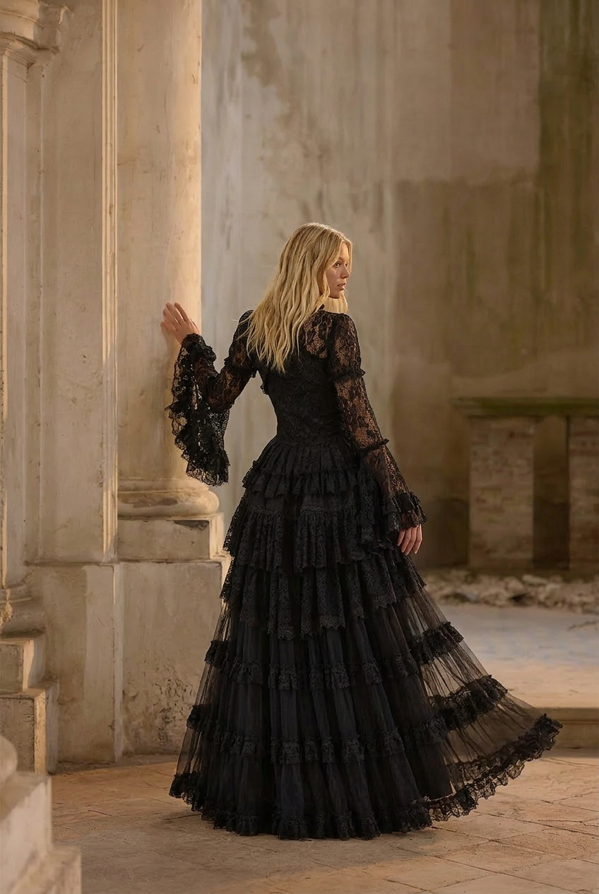 BLACK GOTHIC VICTORIAN WDDING DRESS  - LONG GOTHIC LOLITA DRESS - LACE MODEST WEDDING DRESS - GOTHIC BALL GOWN PLUS SIZE