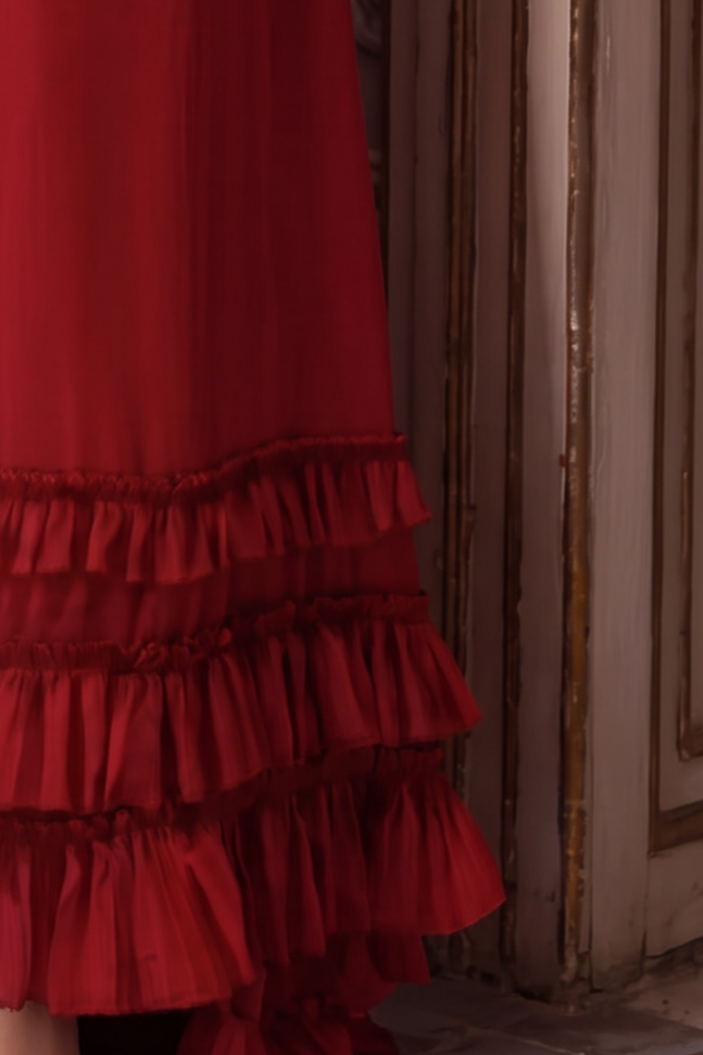 Regency Era Red Empire Waist Gown with Puff Sleeves and Tiered Ruffle Skirt Plus Size