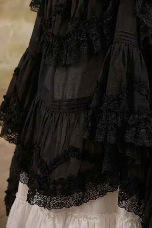 Victorian-Inspired Black and White Gothic Lolita Ball Gown with Tiered Ruffles – Tencel Organza Dress with Lace Trim Plus Size