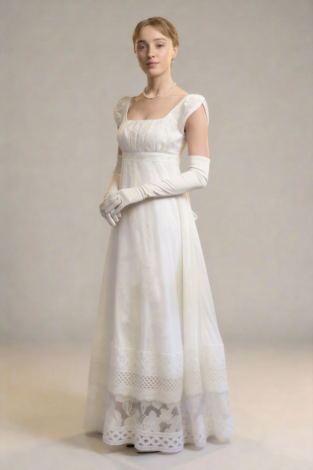 Bridgerton Inspired White Regency Era Dress with Lace - Custom Made Regency Dress with Bow Plus Size Size 26W / White / Without Shawl Bridgerton Inspired White Regency Era Dress with Lace - Custom Made Regency Dress with Bow Plus Size Size 26W / White / Without Shawl