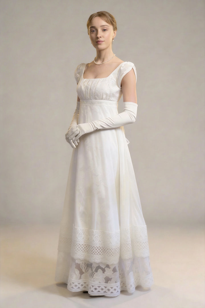 Bridgerton Inspired White Regency Era Dress with Lace - Custom Made Regency Dress with Bow Plus Size