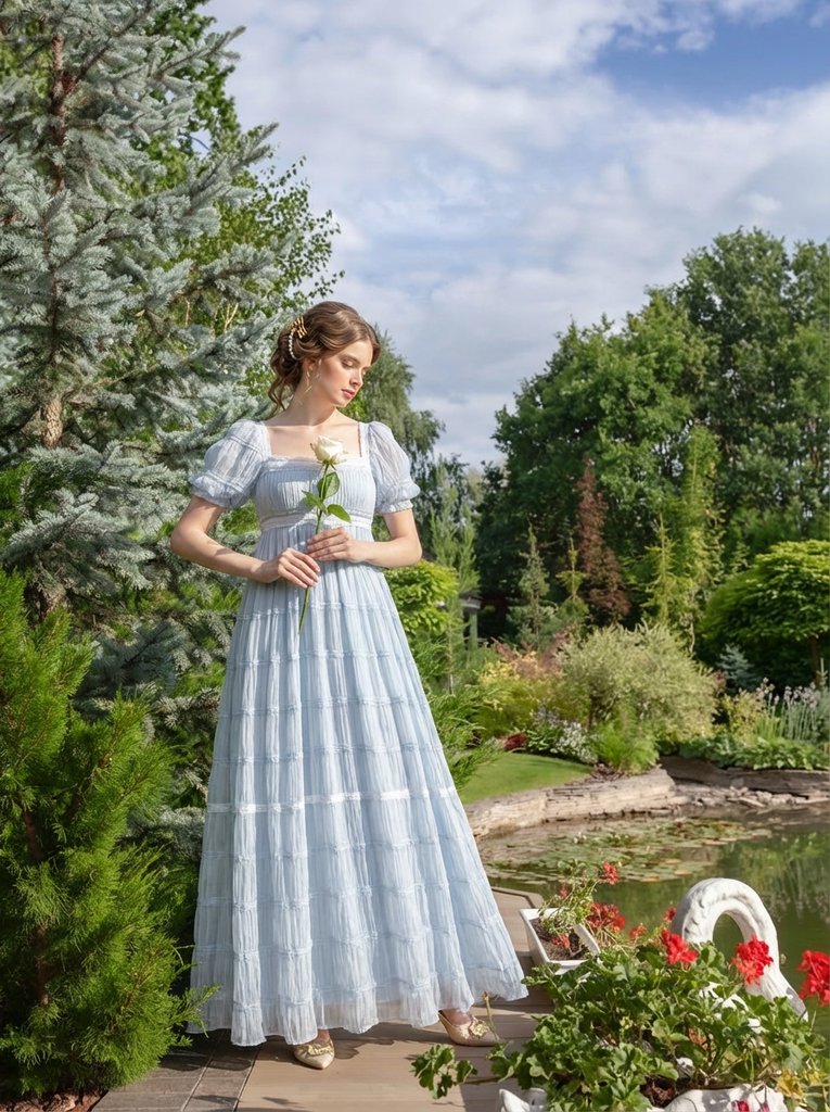Romantic Regency Era White Blue Dress