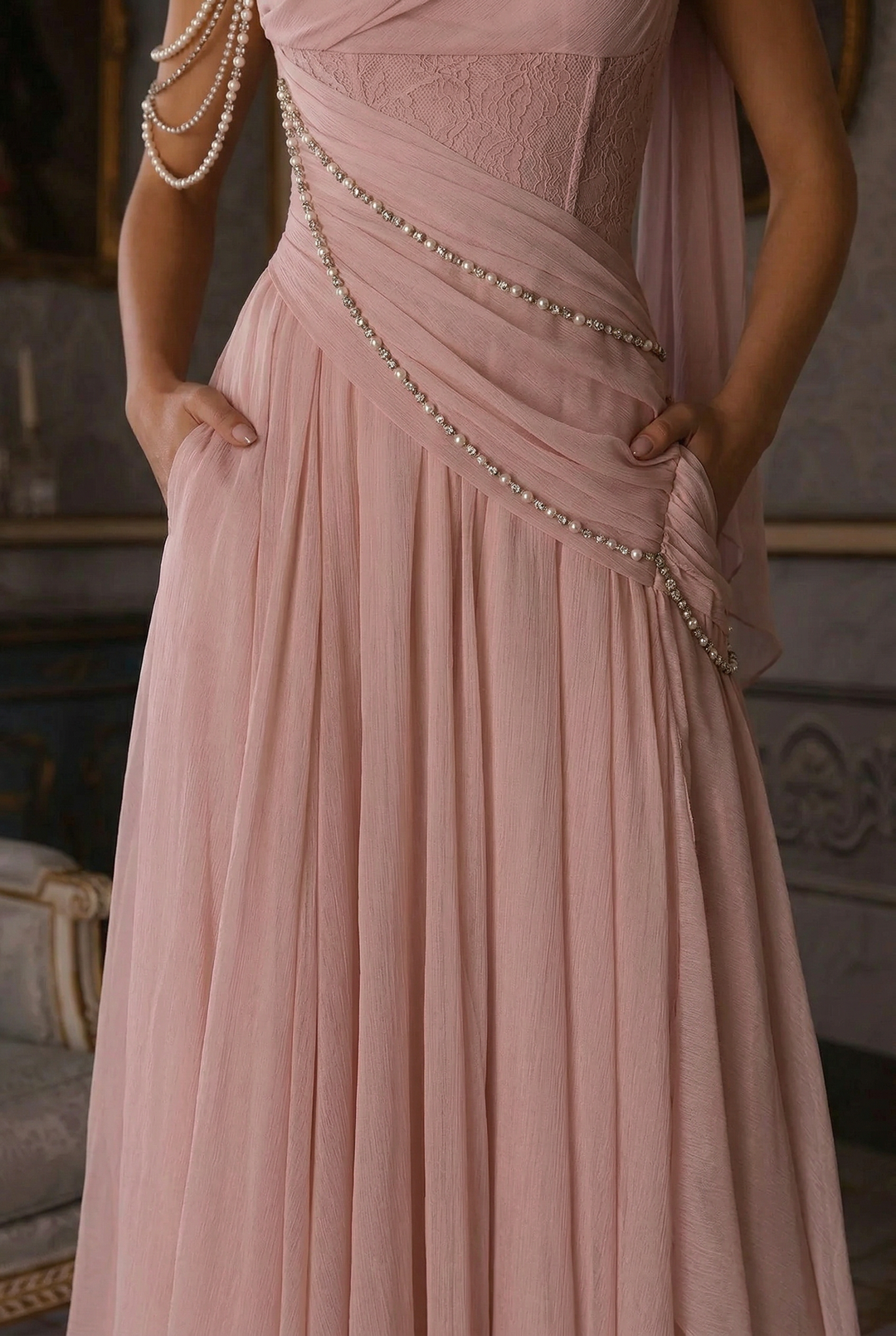 Elegant Pink Fantasy Dress - Fairy Evening Dress with Draped Pearls Plus Size