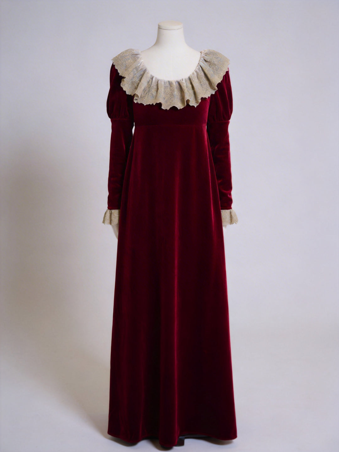 Bridgerton Inspired Regency Era Burgundy Velvet Empire Waist Dress with Gold Lace Collar and Long Sleeves Plus Size