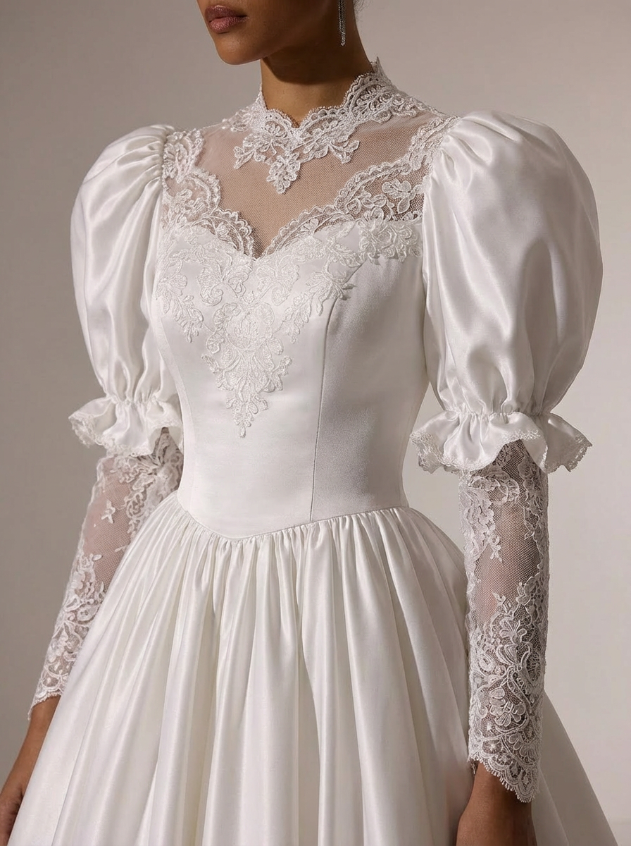 Vintage Long Sleeve Wedding Dress with High Neck – Simple Modest Wedding Dress with Lace Train Plus Size