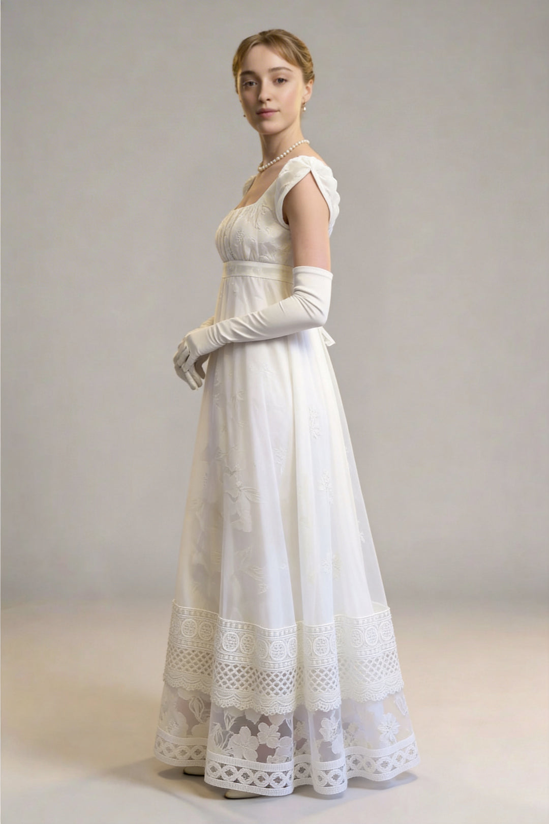 Bridgerton Inspired White Regency Era Dress with Lace - Custom Made Regency Dress with Bow Plus Size