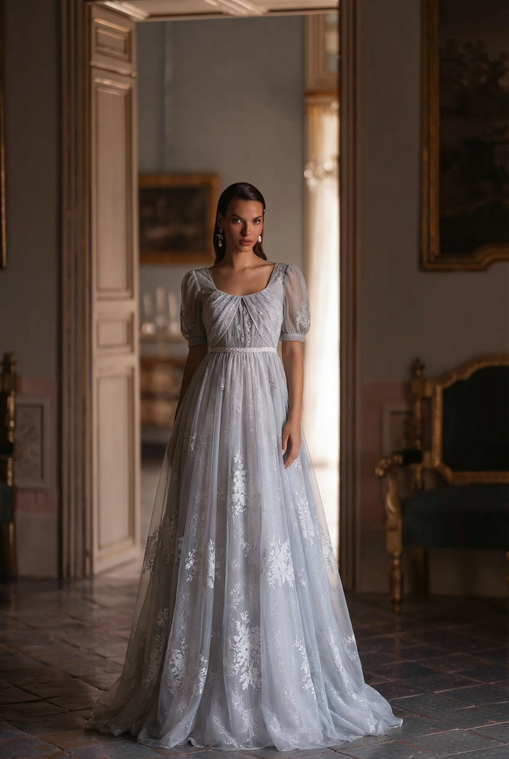 Bridgerton Empire Waist grey ball gown, Regency Era dress with Lace Embroidery,  Jane Austin plus size