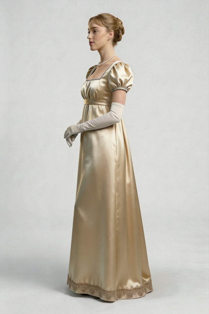 Champagne Bridgerton Inspired Regency Dress Women - Gold Bridgerton Dress and Satin Dress with Bow Tie Belt Plus Size