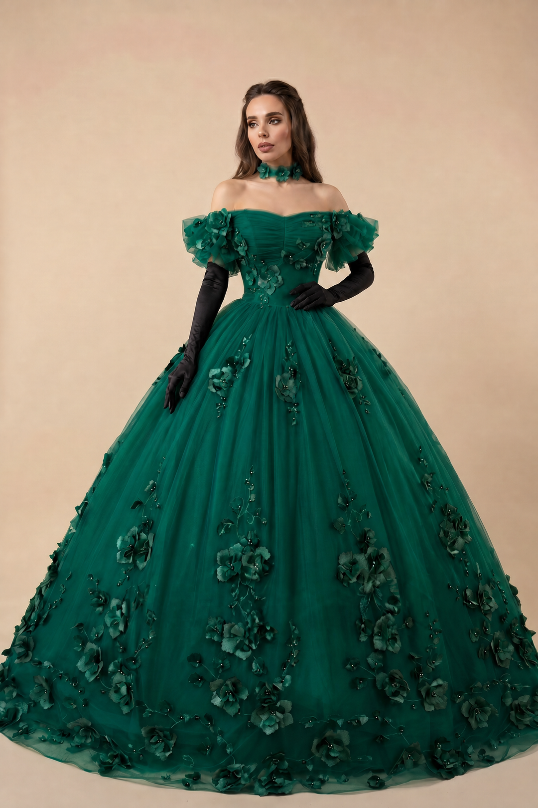 Gothic Emerald Green Ball Gown with Floral Accents - Off Shoulder Wedding Dress Plus Size Gothic Emerald Green Ball Gown with Floral Accents - Off Shoulder Wedding Dress Plus Size