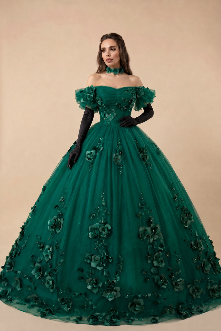 Gothic Emerald Green Ball Gown with Floral Accents - Off Shoulder Wedding Dress Plus Size