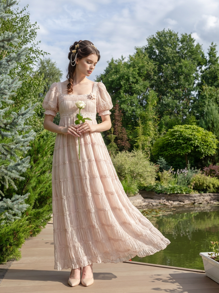 Romantic Regency Era Sandy Beige Lace Dress - Empire Waist Ball Gown Plus Size