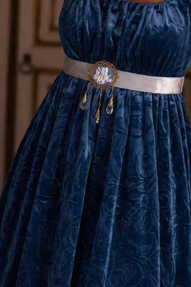 Bridgerton Inspired Regency Era Sapphire Velvet Jacquard Dress - Regency Era Ball Gown Plus Size