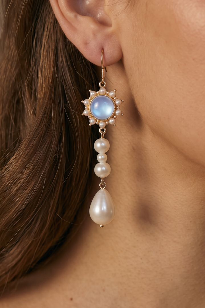 Quinceanera Earrings With Moonstone Pearl - Regency Era Style Earring