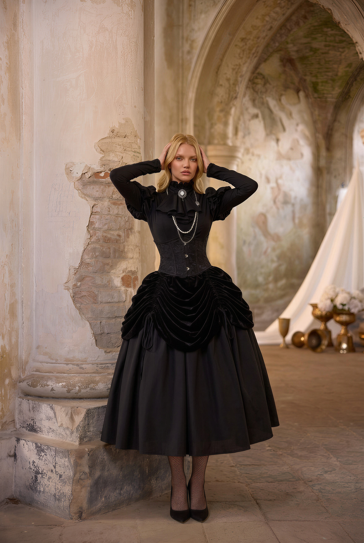 BLACK LONG GOTHIC LOLITA DRESS - VELVET GOTHIC BALL GOWN PLUS SIZE