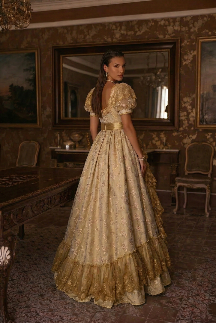 Luxury Empire Waist Gold Ball Gown Regency Era dress with Lace Rose Embroidery - Jane Austin Plus Size