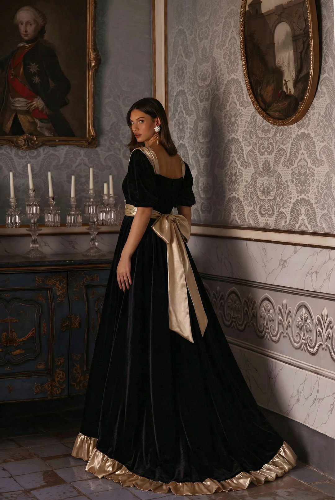 Bridgerton Inspired Regency Era Black Velvet Ball Gown - Empire Waist Regency Dress Plus Size Bridgerton Inspired Regency Era Black Velvet Ball Gown - Empire Waist Regency Dress Plus Size