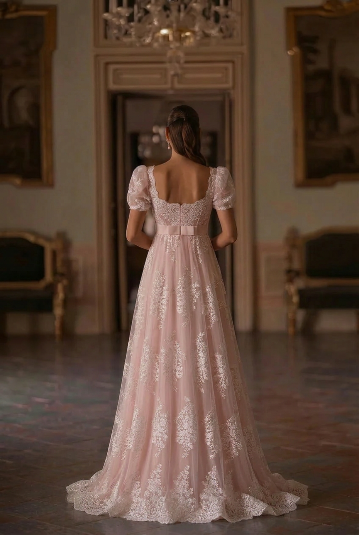 Bridgerton Style Blush Pink Pink Lace Regency Era Ball Gown Wedding Dress Plus Size