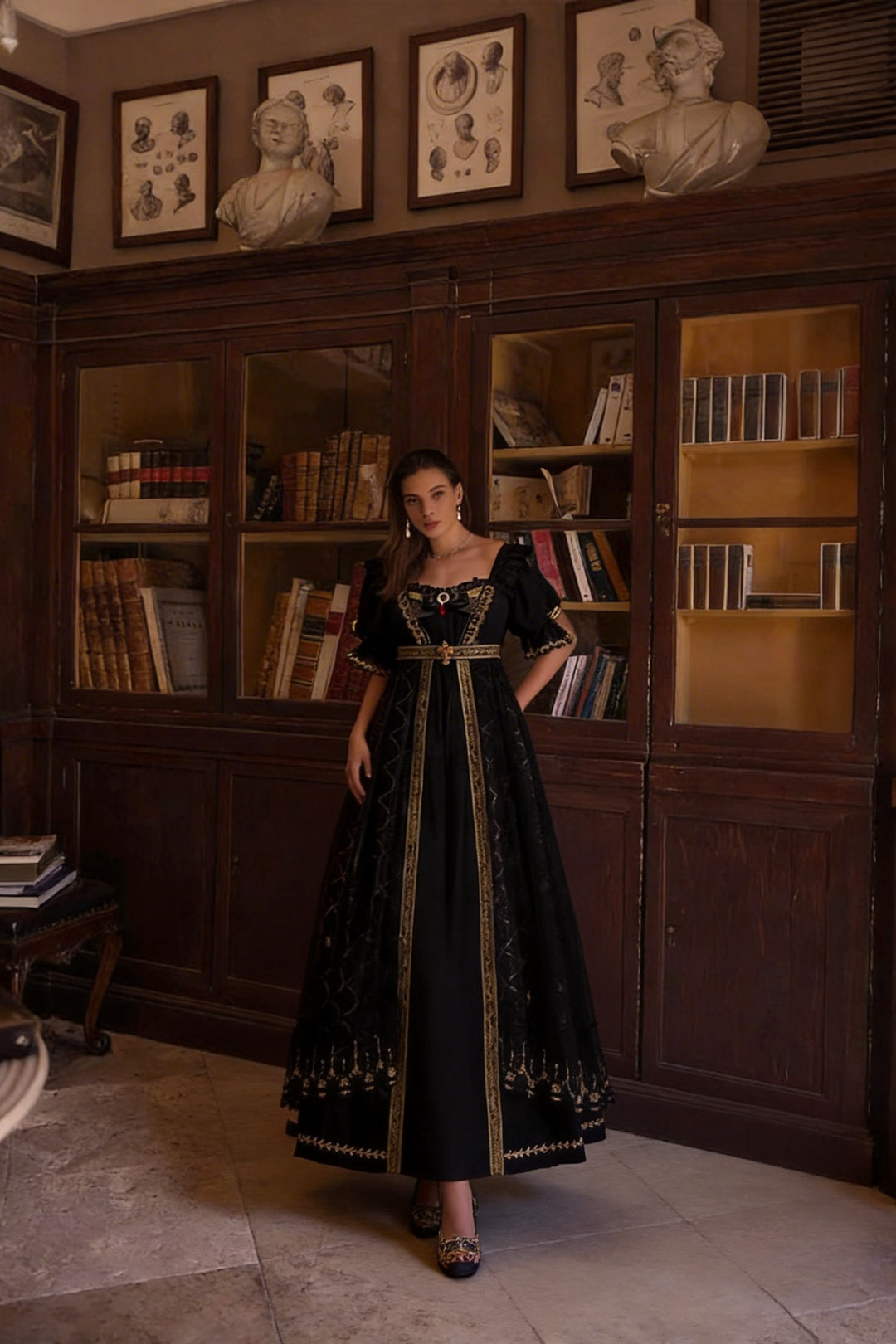 Regency Era Black Gold Embroidered Empire Waist Dress Bridgerton Inspired Gothic Vintage Gown Plus Size Regency Era Black Gold Embroidered Empire Waist Dress Bridgerton Inspired Gothic Vintage Gown Plus Size