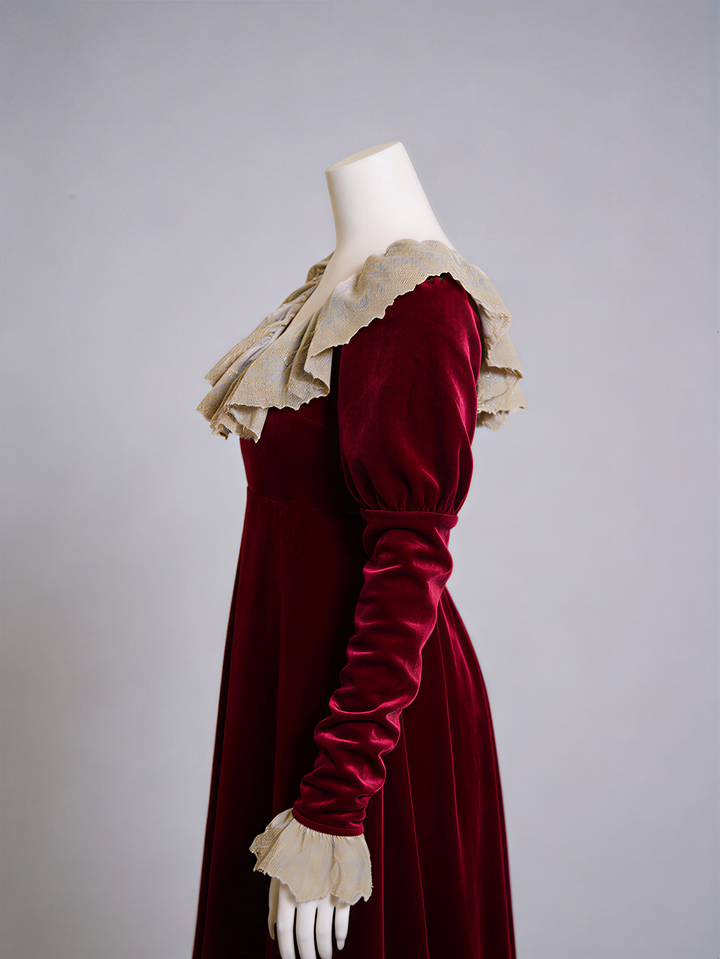 Bridgerton Inspired Regency Era Burgundy Velvet Empire Waist Dress with Gold Lace Collar and Long Sleeves Plus Size