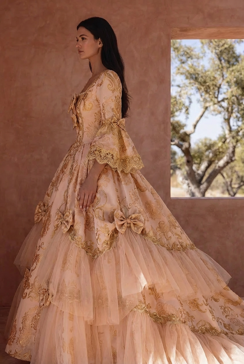 Queen Charlotte Gown European Baroque and Rococo Style Golden Dress with Lace Embroidery - Bridgerton Inspired Plus Size Queen Charlotte Gown European Baroque and Rococo Style Golden Dress with Lace Embroidery - Bridgerton Inspired Plus Size