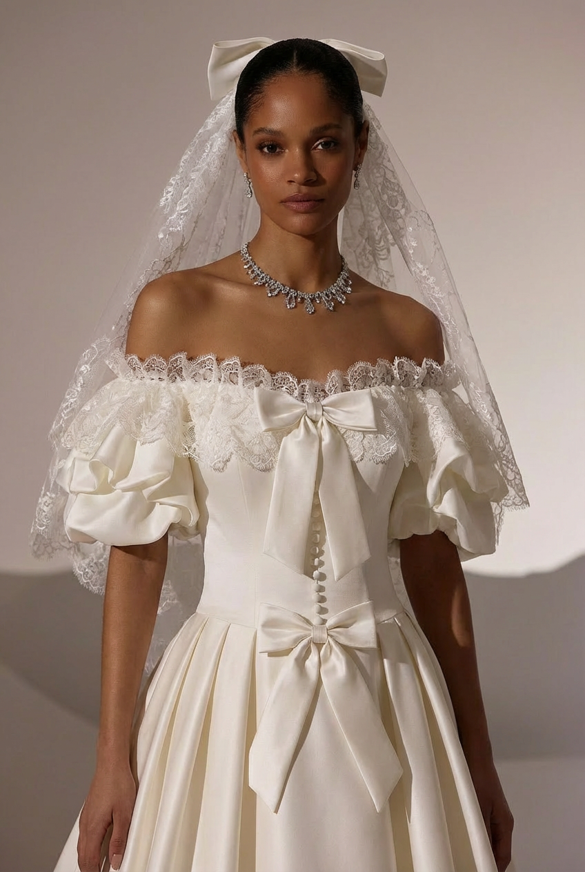 Victorian Antique Vintage Ivory White Satin A-Line Wedding Dress with Off-Shoulder Puff Sleeves and Bow Accents