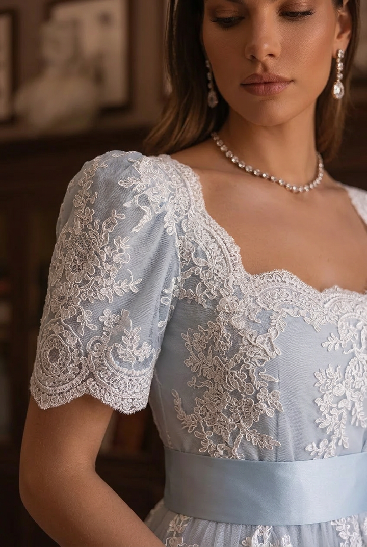 Bridgerton Daphne Empire Waist Blue Dress With Lace- Regency Era Ball Gown Plus Size