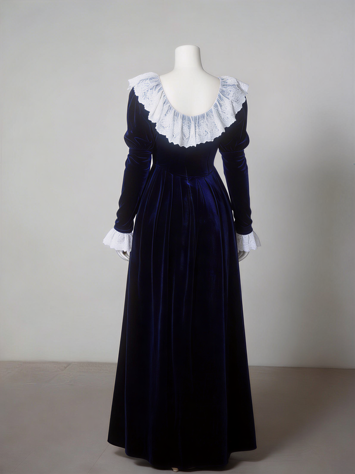Bridgerton Inspired Regency Era Navy Blue Velvet Empire Waist Dress with Gold Lace Collar and Long Sleeves Plus Size