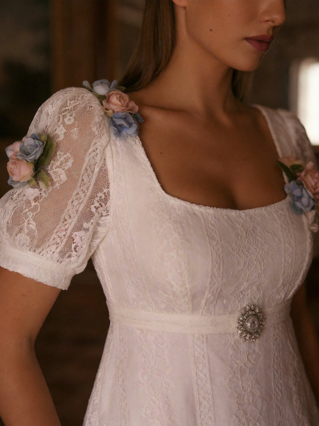 cotton and lace dress Bridgerton Inspired Embroidered Romantic Regency Era Cotton Lace Dress With Empire Waist