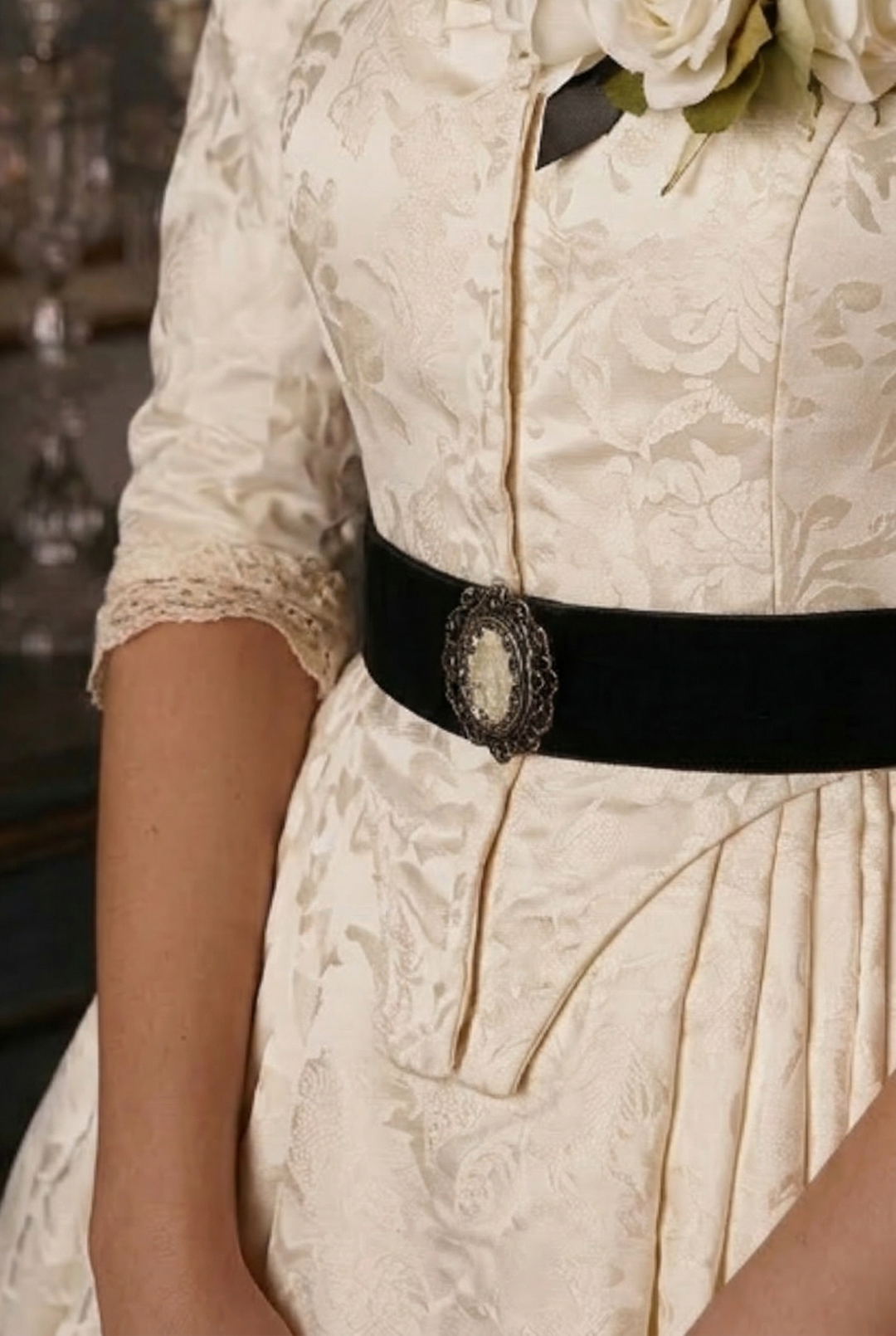 white lace dress with black belt Mina - Ivory Floral Lace Bride of the Vampire Maxi Dress