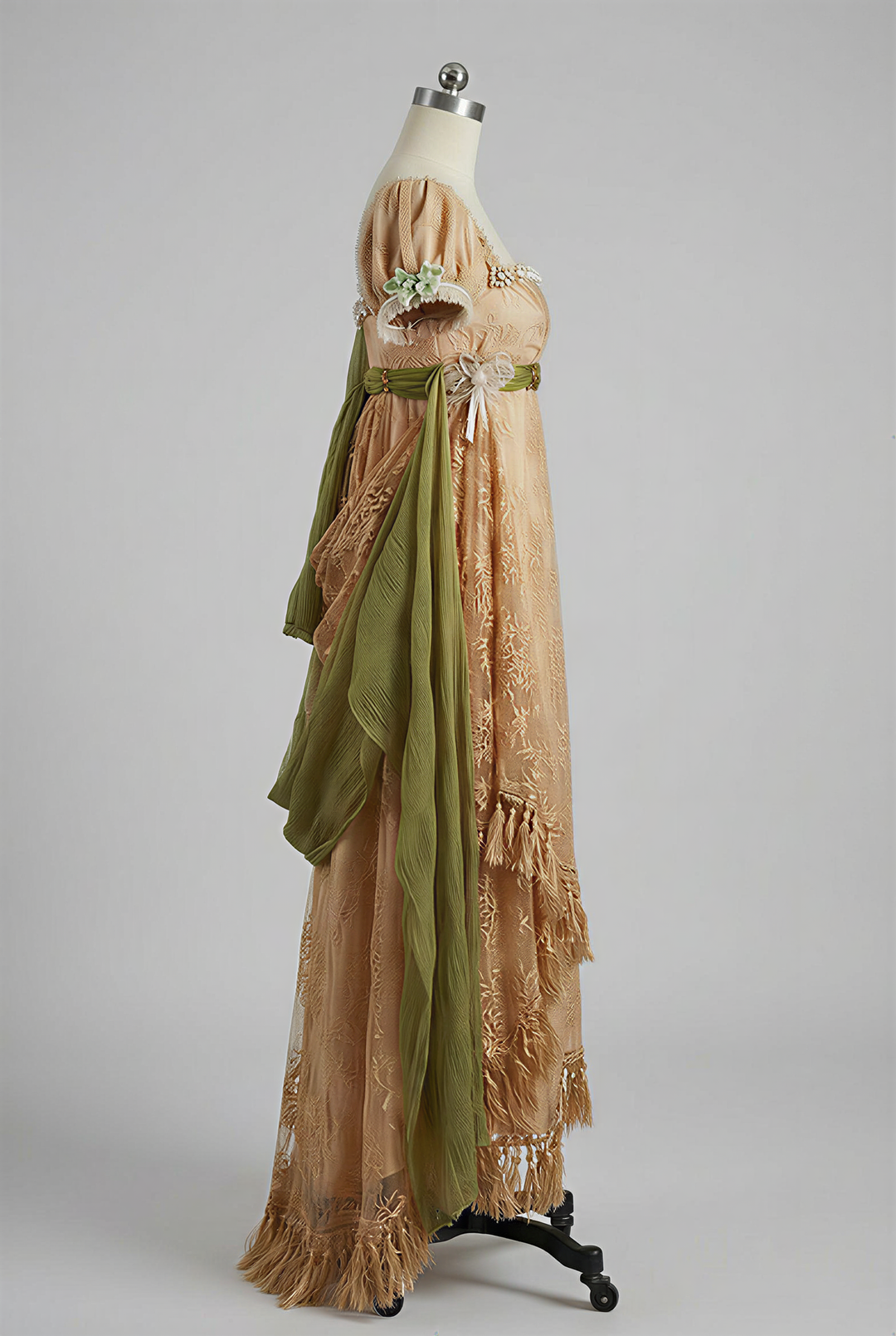 Regency Era Champagne Empire Waist Lace Dress with Puff Sleeves and Beaded Neckline – Vintage Inspired Gown Plus Size