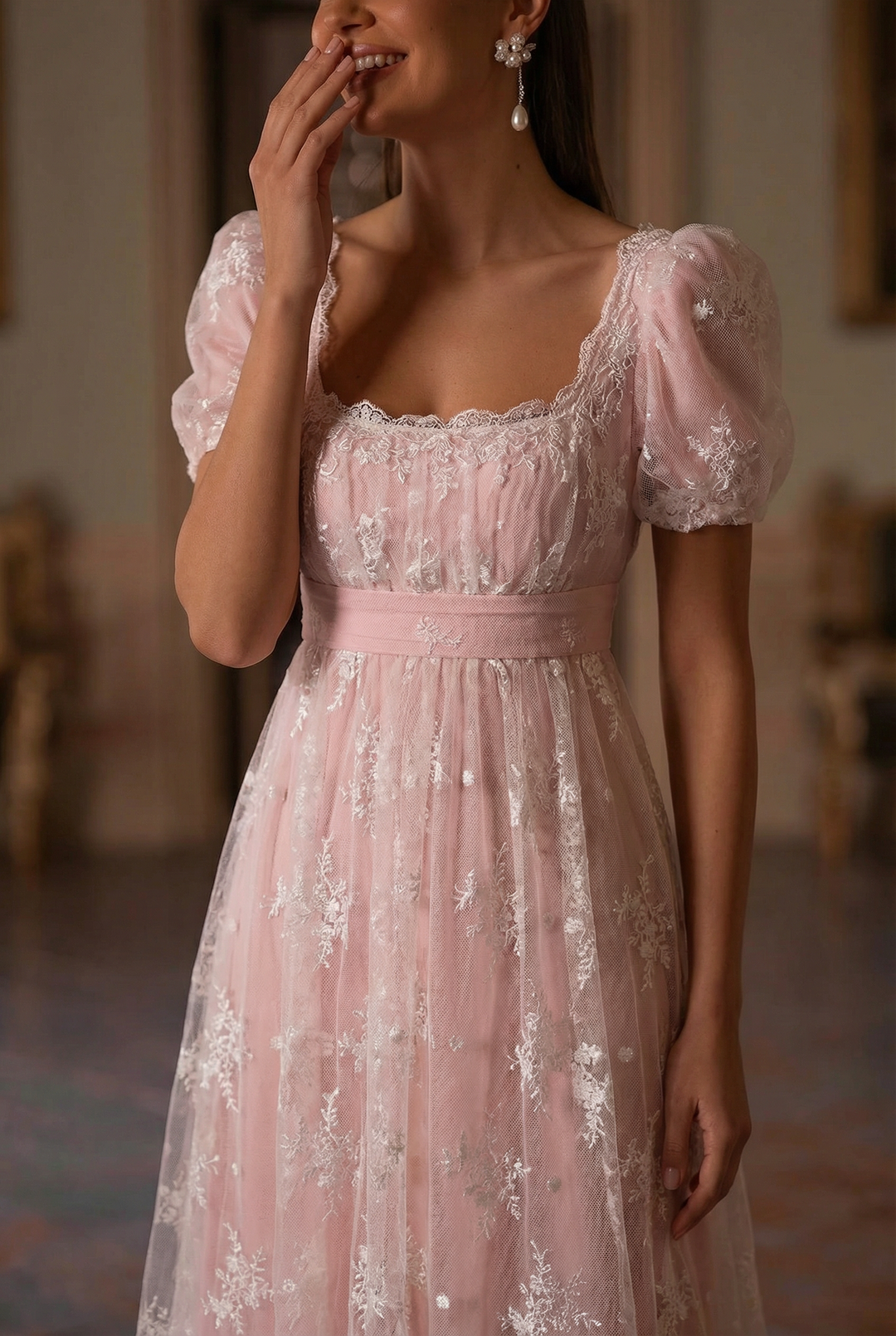 Bridgerton Style Blush Pink Pink Lace Regency Era Ball Gown Wedding Dress Plus Size