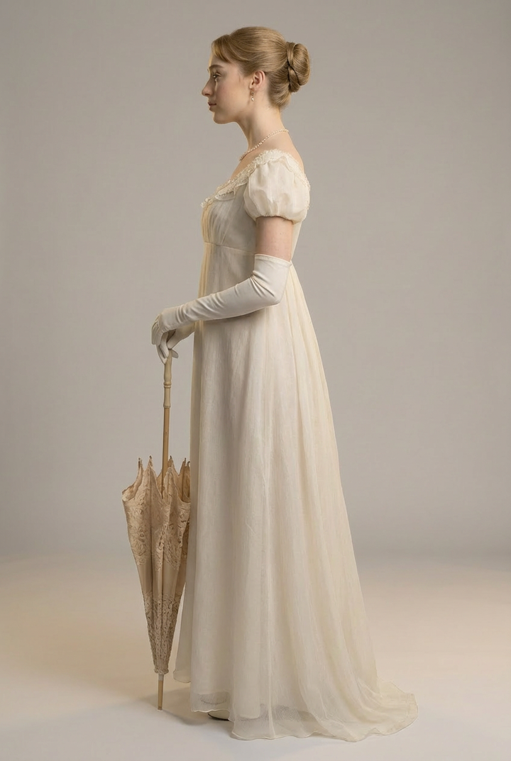 Bridgerton inspired White Regency Era Dress with Chiffon Ruffle - Custom Made Regency Dress with Pearl Plus Size