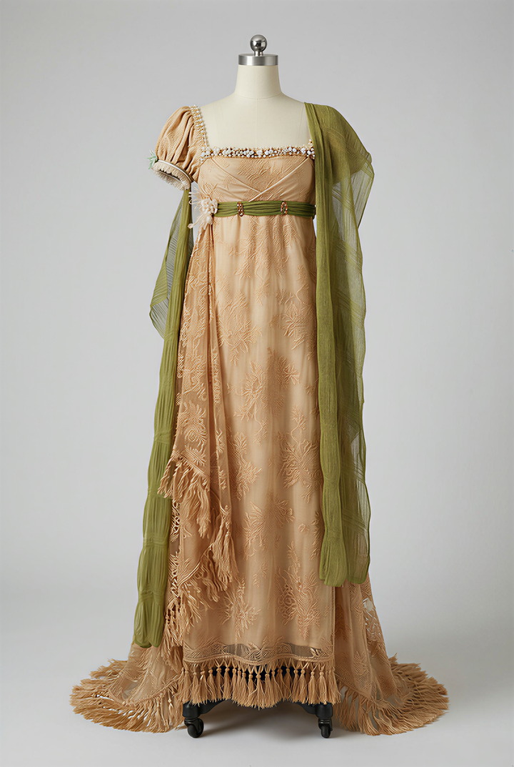 Regency Era Champagne Empire Waist Lace Dress with Puff Sleeves and Beaded Neckline – Vintage Inspired Gown Plus Size