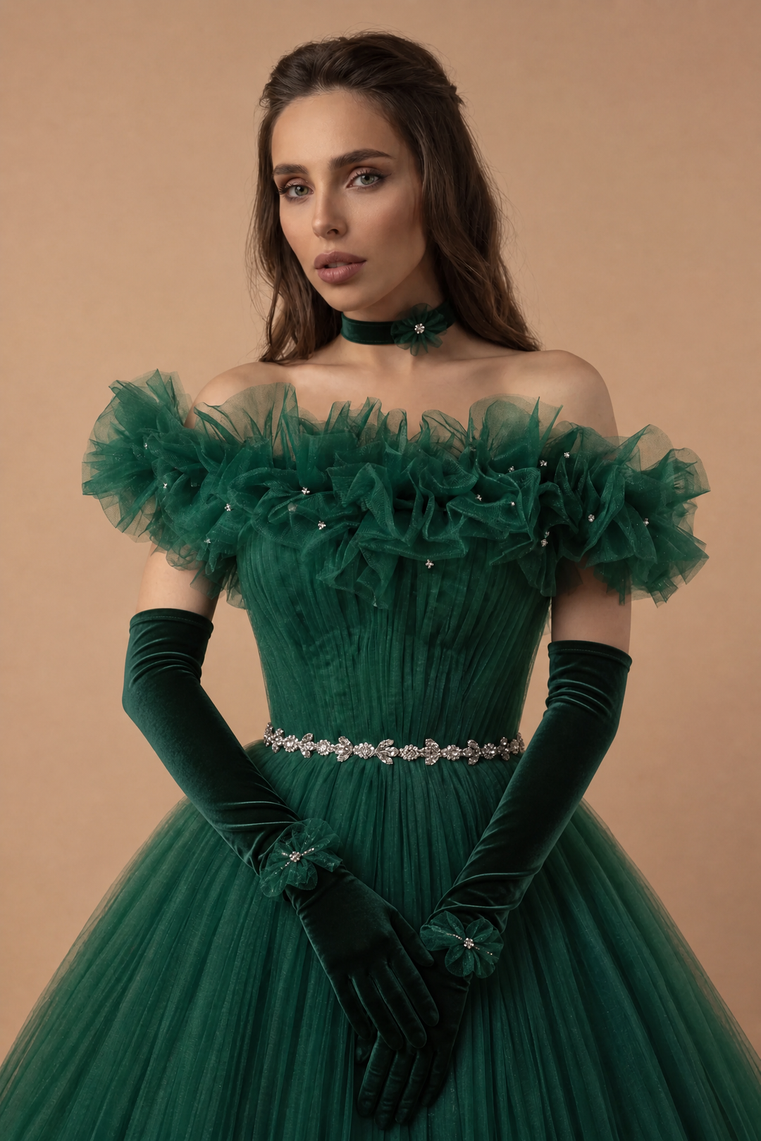 Gothic Emerald Green Tulle Wedding Dress with Layered Ruffle Neckline - Green Ball Gown Dress Plus Size