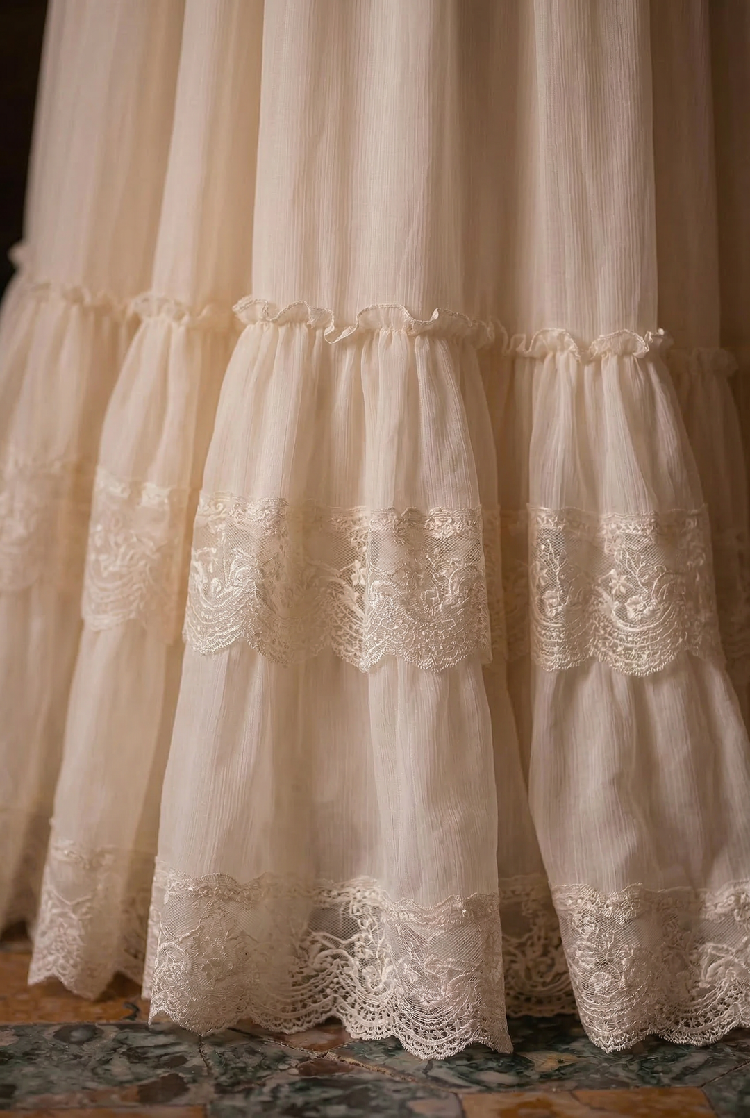 Gunne Sax Inspired Beige Chiffon Prom Dress - Modest Lace Tea Dress - French Style 1980s