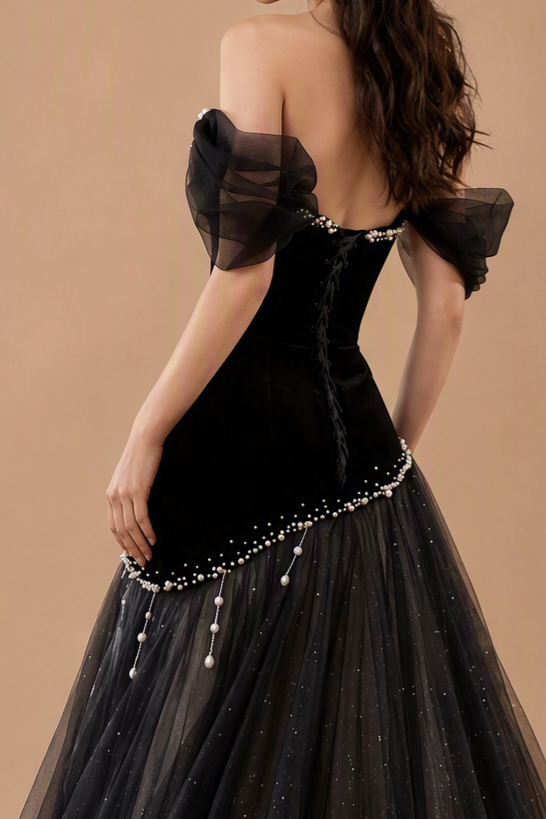 Gothic Black Velvet Ball Gown with Pearl Embellishment - Off the Shoulder Tulle Evening Dress with Corset Back - Elegant Black Formal Dress Plus Size