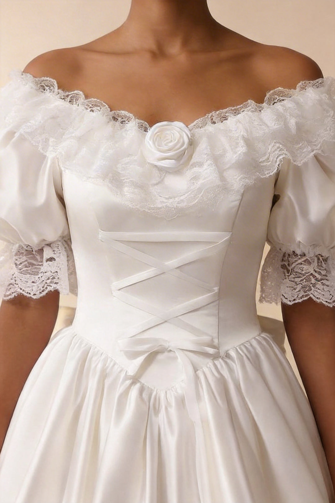 Satin Wedding Dress with Lace and Puff Sleeves – Vintage Wedding Gown with Corset and Large Back Bow Plus Size