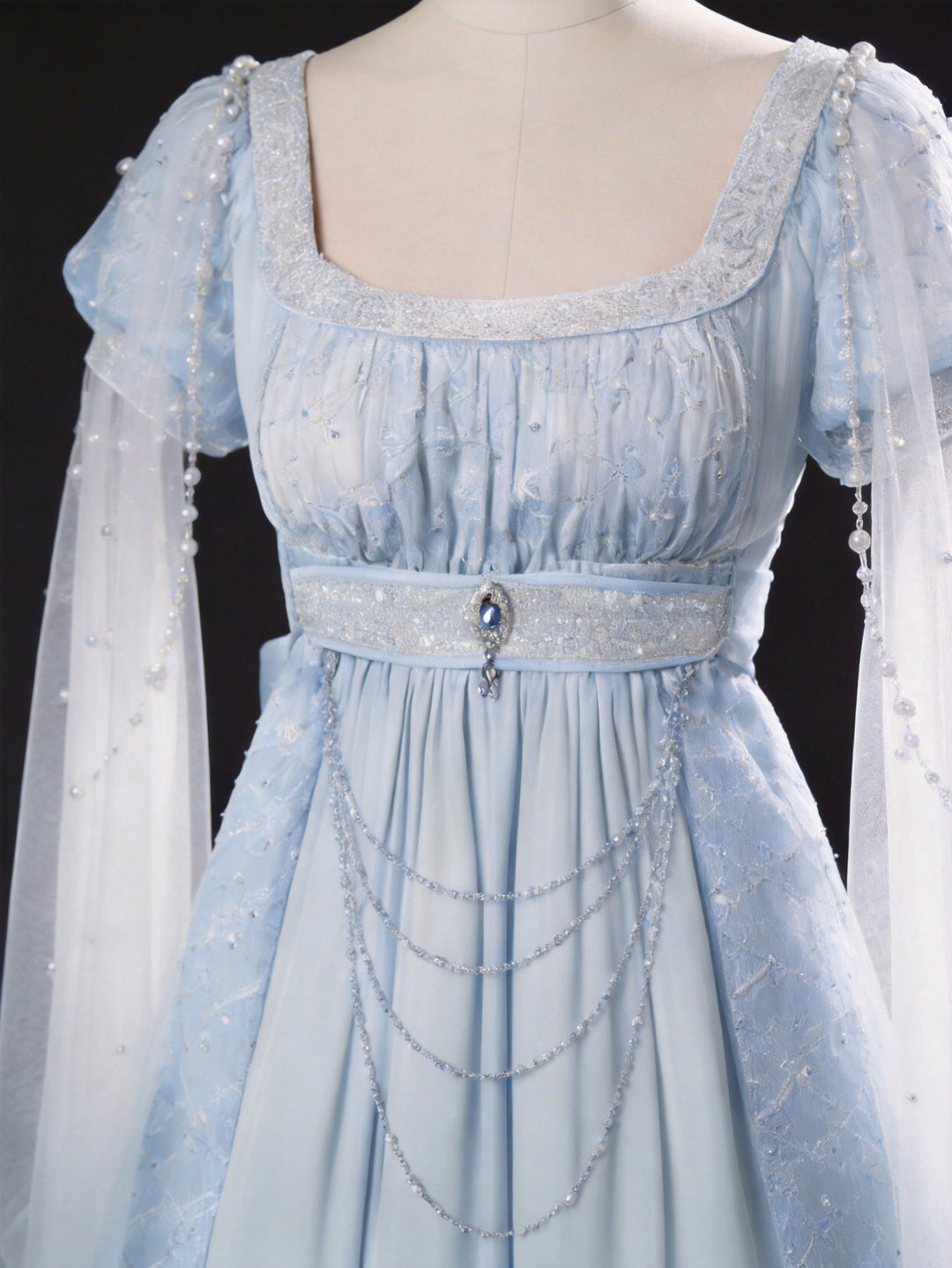 Regency Era Blue Lace Empire Waist Vintage Gown – Bridgerton Inspired Sheer Overlay Dress Plus Size