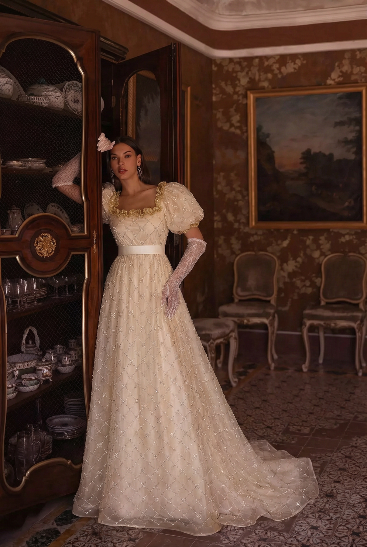 Romantic Beige Organza Regency Ball Gown - Bridgerton Regency Dress Wedding