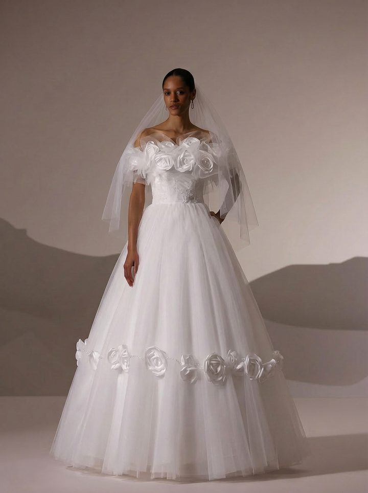 Antique Vintage Victorian Ivory White Tulle Ball Gown Wedding Dress with 3D Floral Embellishments - Plus Size