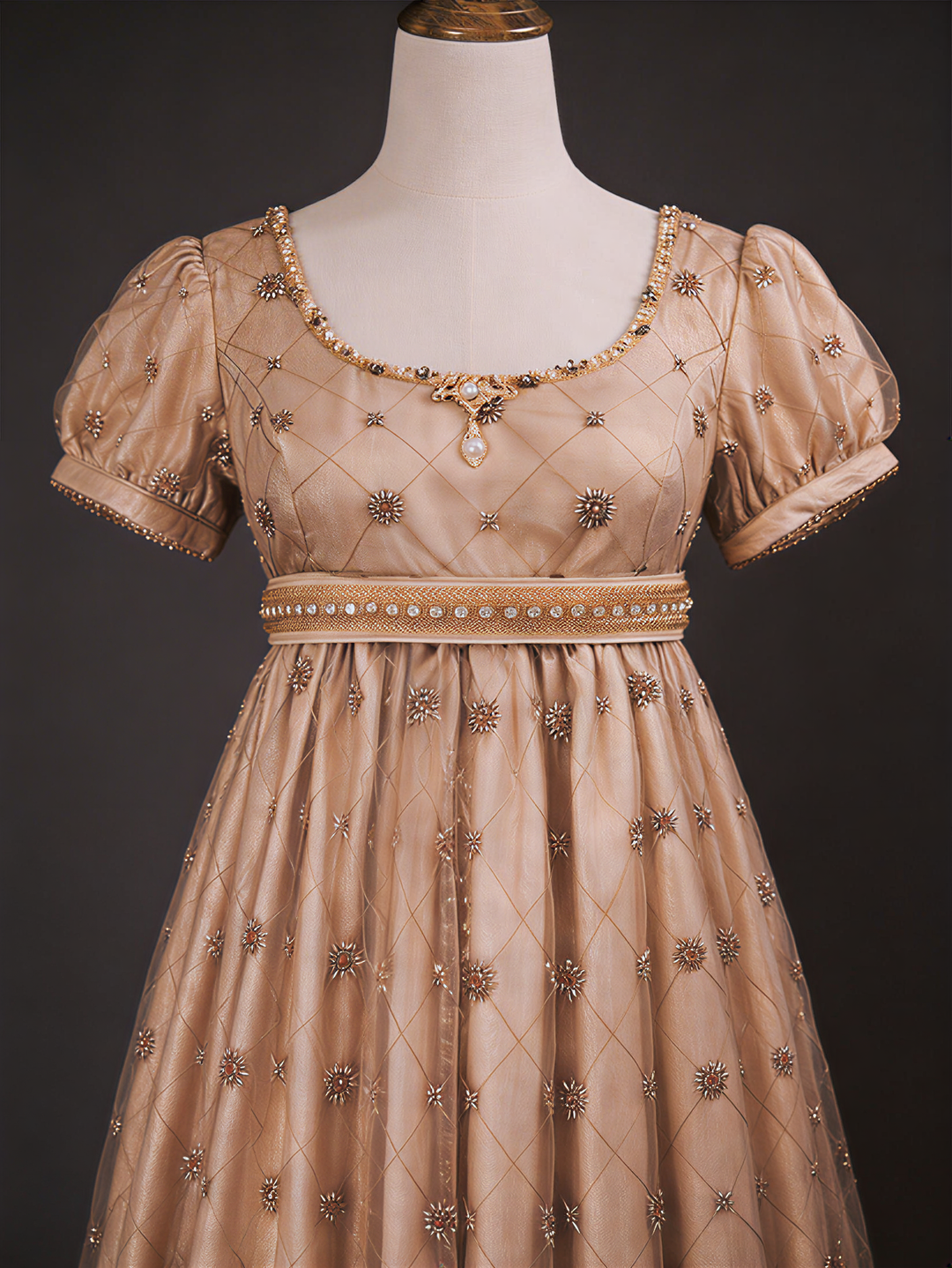 Regency Era Champagne Empire Waist Dress with Gold Beaded Embroidery and Puff Sleeves – Bridgerton Inspired Vintage Gown Plus Size