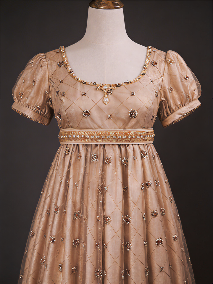 Regency Era Champagne Empire Waist Dress with Gold Beaded Embroidery and Puff Sleeves – Bridgerton Inspired Vintage Gown Plus Size