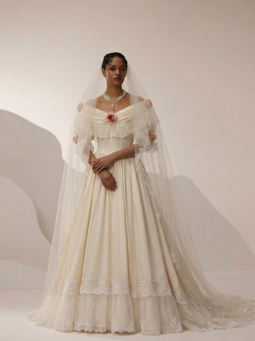 Vintage Victorian Ivory White Satin Antique Tiered Gown Wedding Dress With Lace Trim, Floral Appliqus, and Long Train - Plus Size Size 2 / With Veil Vintage Victorian Ivory White Satin Antique Tiered Gown Wedding Dress With Lace Trim, Floral Appliqus, and Long Train - Plus Size Size 2 / With Veil
